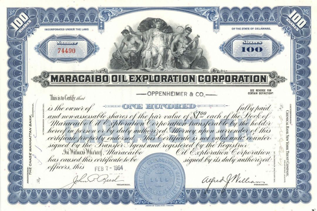 Maracaibo Oil Exploration Corp. - 1940's-60's dated Oil Stock Certificate - Maracaibo Basin in Venezuala