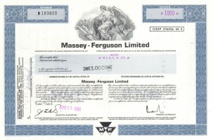 Massey-Ferguson Ltd. - Famous Tractor Makers - 1970's-80's dated Canadian Stock Certificate