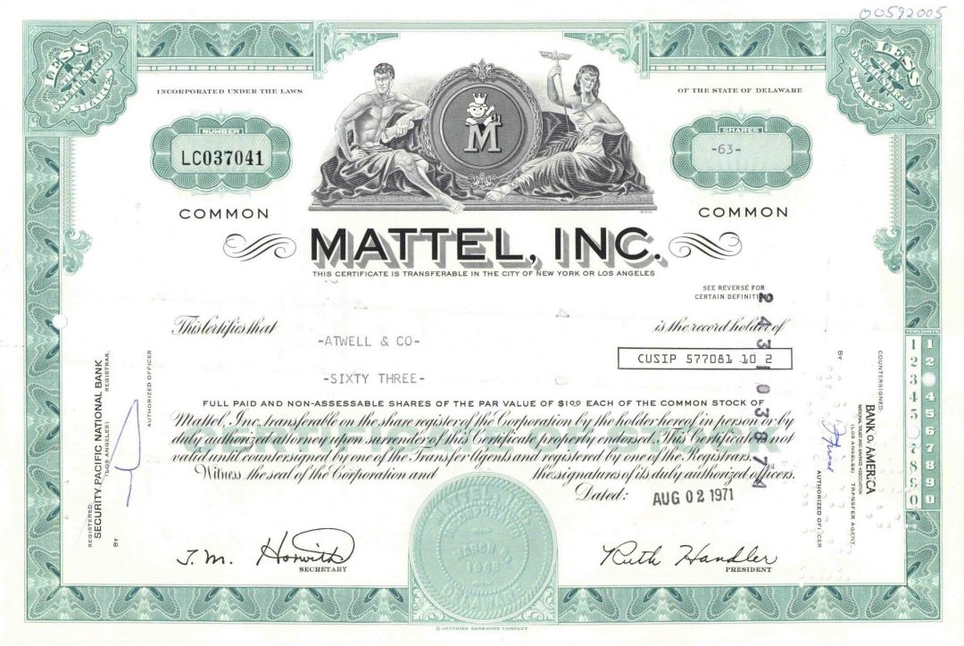 Mattel, Inc - Famous Toy Company - 1960's-70's dated Aqua Color Stock Certificate