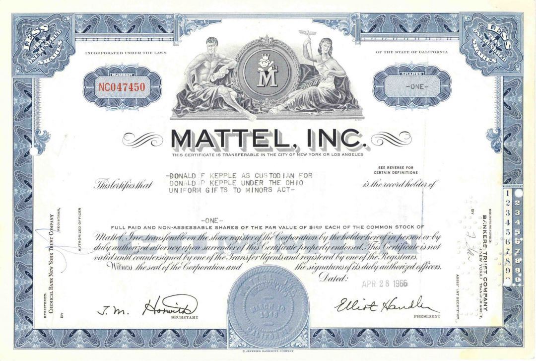 Mattel, Inc - Famous Toy Company - 1966 dated Blue Color Stock Certificate - Very Rare