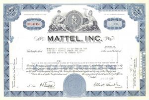 Mattel, Inc - Famous Toy Company - 1966 dated Blue Color Stock Certificate - Very Rare