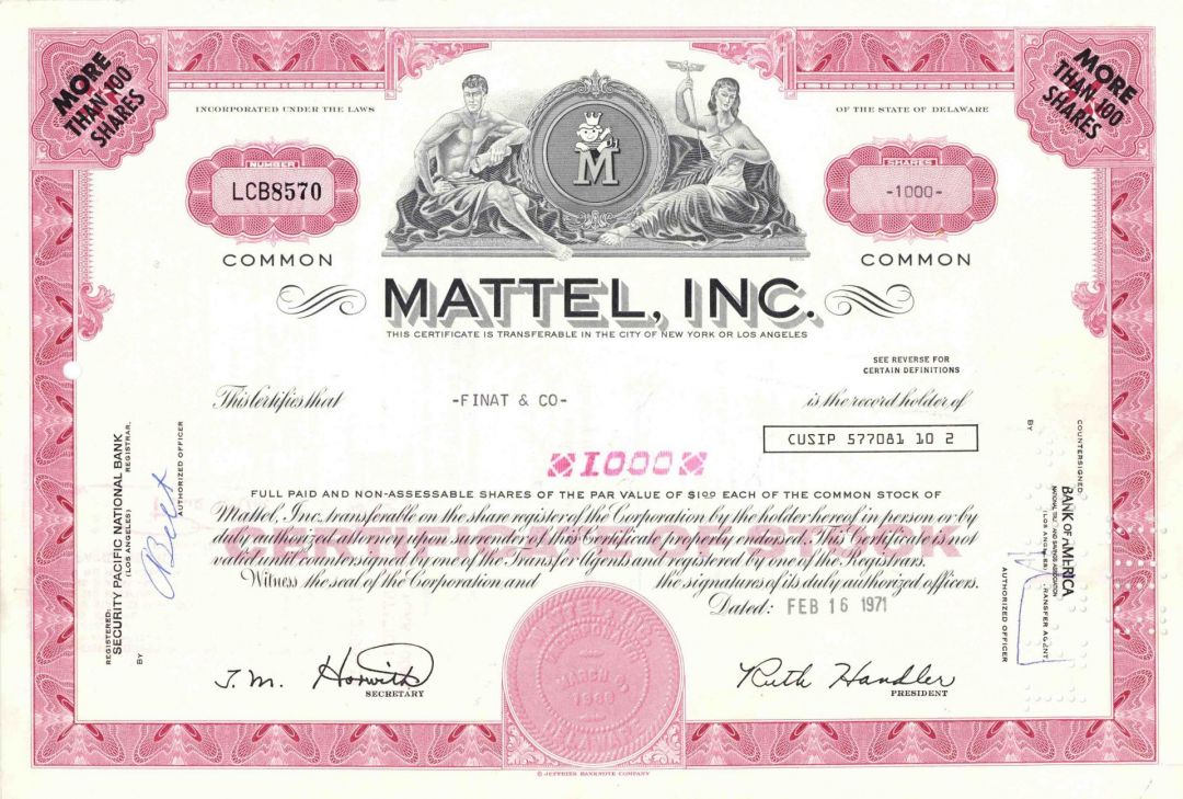 Mattel, Inc - Famous Toy Company - Red Color Stock Certificate - Very Rare