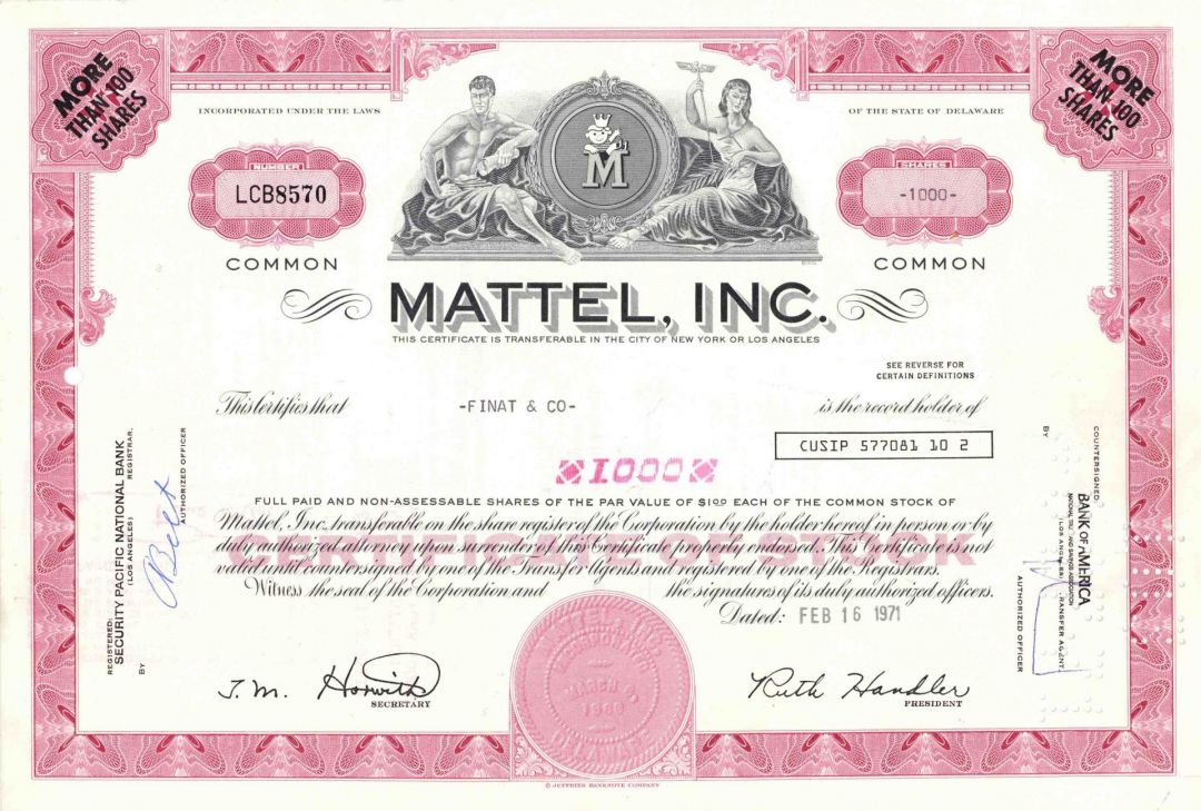 Mattel, Inc - Famous Toy Company - 1971 dated Red Color Stock Certificate - Very Rare