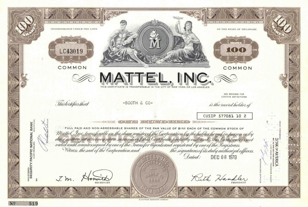 Mattel, Inc - Famous Toy Company - 1971 dated Brown Color Stock Certificate - Very Rare