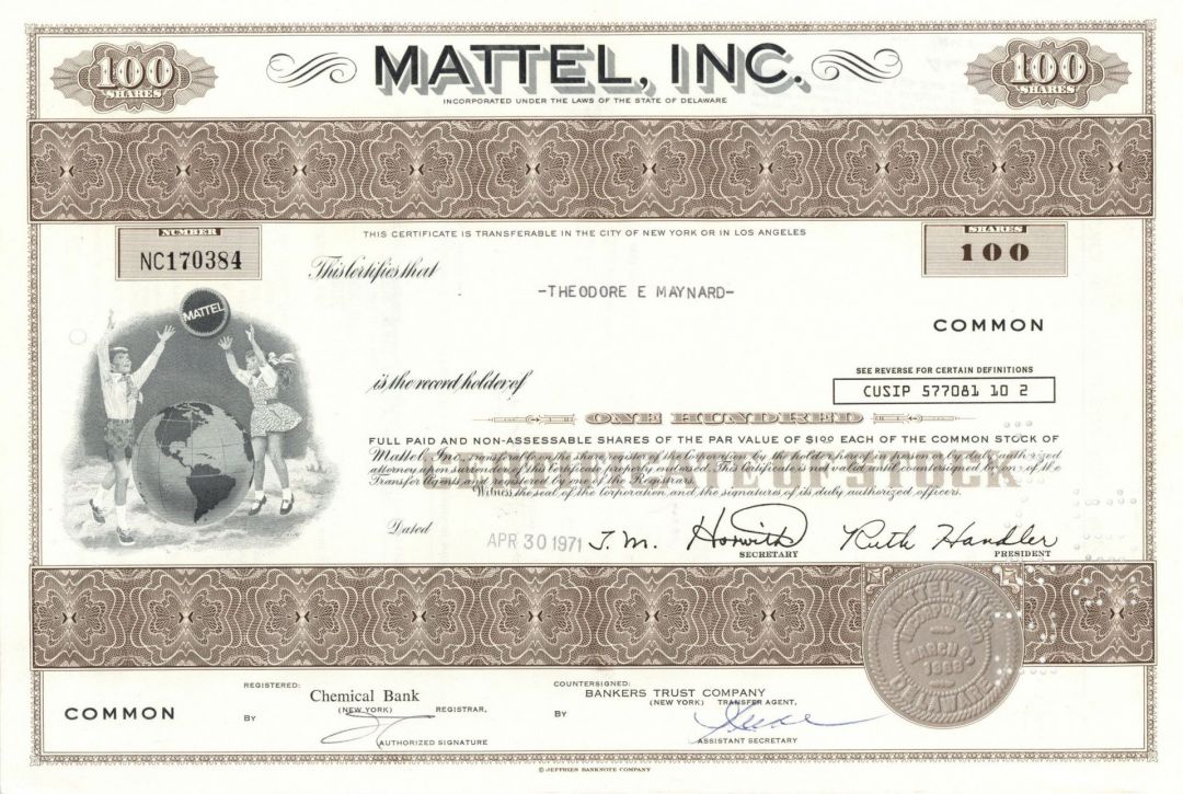 Mattel, Inc - Famous Toy Company - 1970's dated 100 Share Brown Stock Certificate