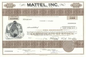 Mattel, Inc - Famous Toy Company - 1970's dated 100 Share Brown Stock Certificate