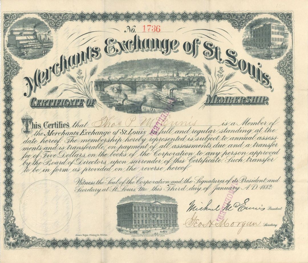 Merchants Exchange of St Louis, Missouri - 1880's-90's dated Certificate of Membership