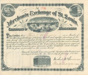 Merchants Exchange of St Louis, Missouri - 1880's-90's dated Certificate of Membership