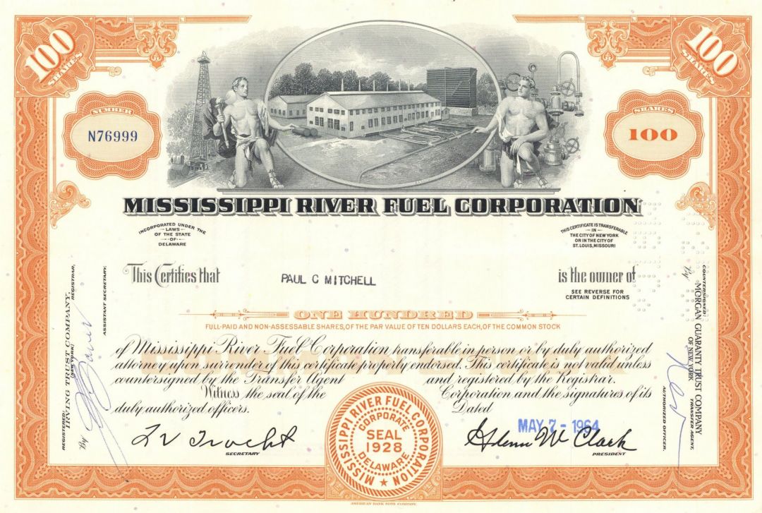 Mississippi River Fuel Corporation - 1950's-60's dated Stock Certificate - Now Known as Union Pacific Corporation