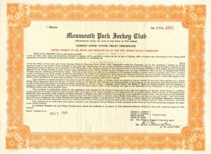 Monmouth Park Jockey Club - 1946 dated Horse Racing Stock Certificate