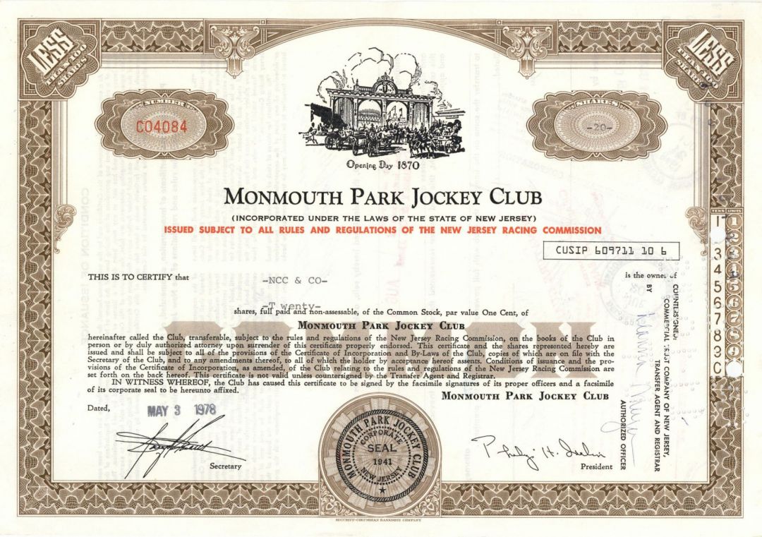 Monmouth Park Jockey Club - 1950's-70's dated Horse Racing Stock Certificate