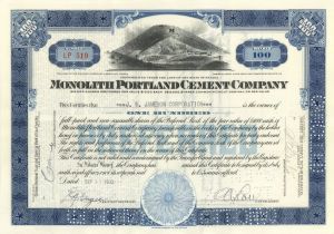 Monolith Portland Cement Co. - 1920's-30's dated Building Materials Stock Certificate