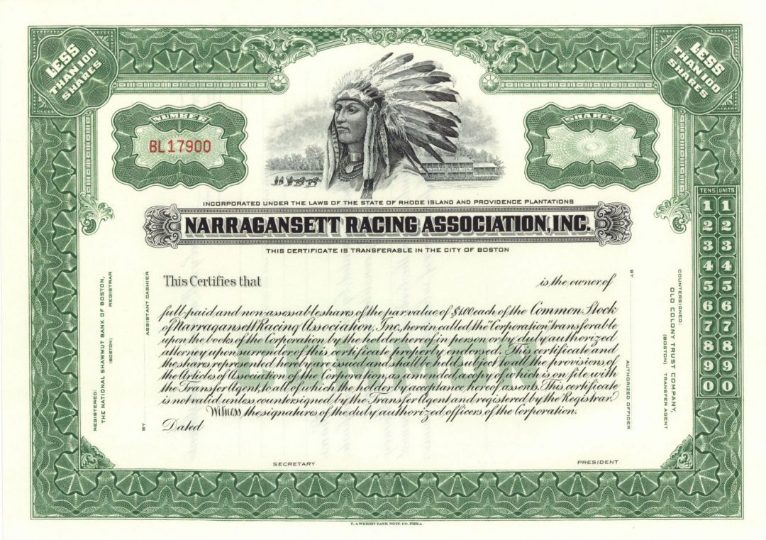 Narragansett Racing Assn., Inc. - Stock Certificate