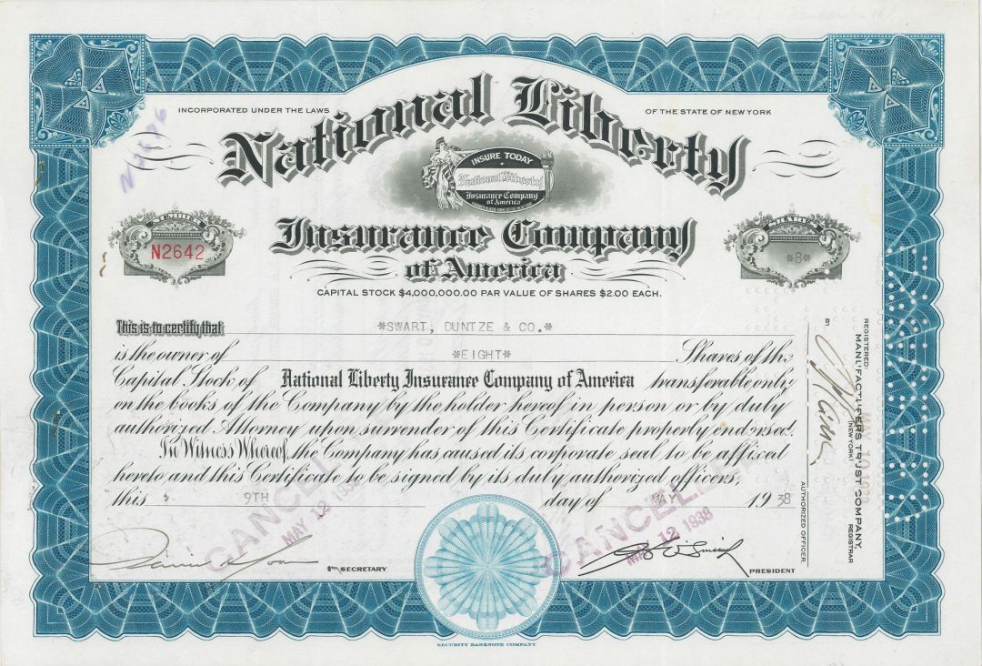 National Liberty Ins. Co. of America - Stock Certificate