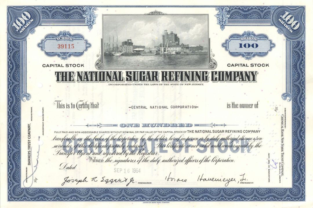National Sugar Refining Co. - 1960's-80's dated Stock Certificate - Great History