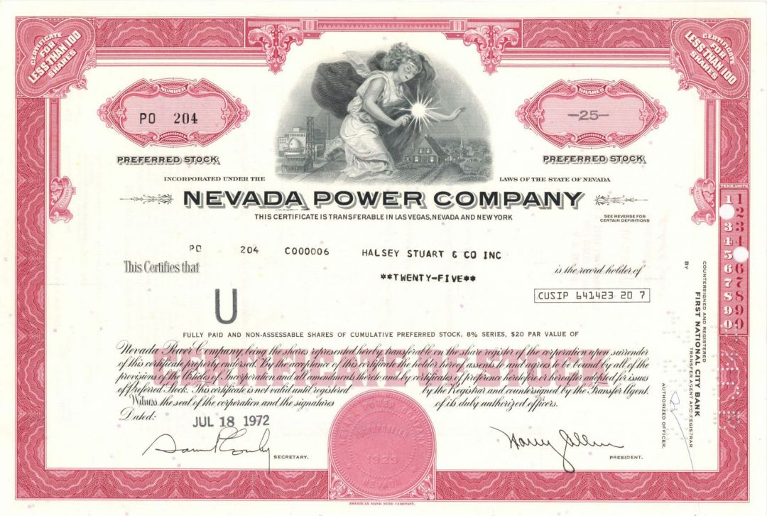 Nevada Power Co. - Las Vegas Nevada Stock Certificate