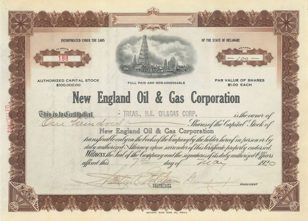 New England Oil and Gas Corp - Stock Certificate