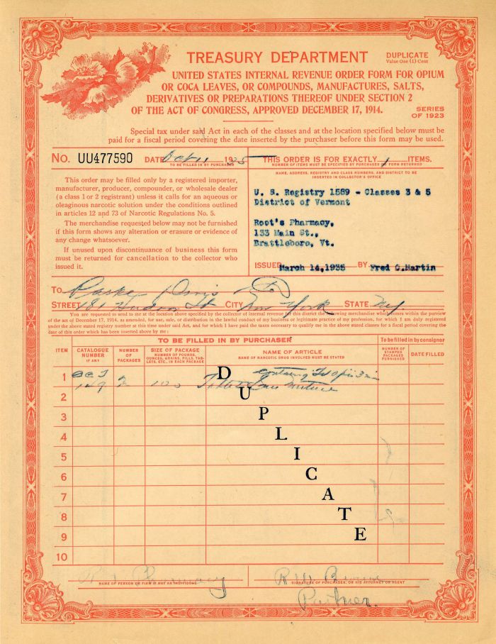 Opium-Coca Leaves, United States Official Treasury Department Order - Stock Certificate