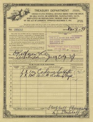 Opium-Coca Leaves - U.S. Treasury Department Order - 1930's-1940's dated Drugs Order Form