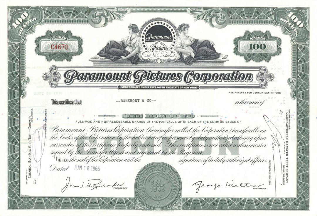 Paramount Pictures Corporation - American Film Production & Distribution Co. Stock Certificate - Dated 1950-60s