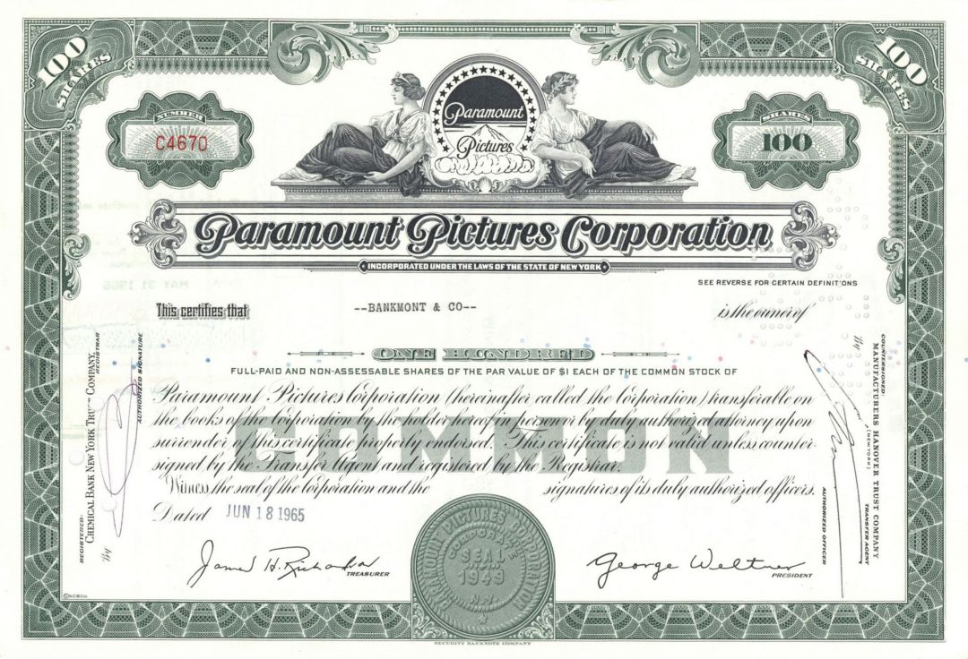 Paramount Pictures Corporation - 1950's-60's dated American Film Production & Distribution Co. Stock Certificate