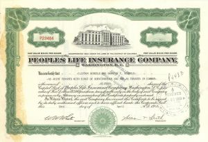Peoples Life Insurance Co. - 1960's dated Stock Certificate - Glue Residue at Left