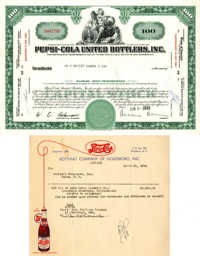 Pepsi-Cola United Bottlers, Inc - Stock Certificate with Invoice - Famous Soda Company