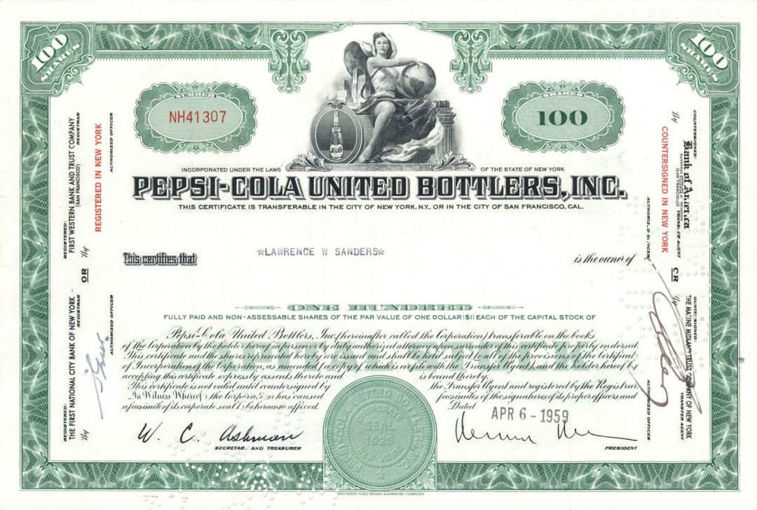 Pepsi-Cola United Bottlers, Inc - 1950's-60's dated Stock Certificate - Famous Soda Company - Also Known as PUB Inc.