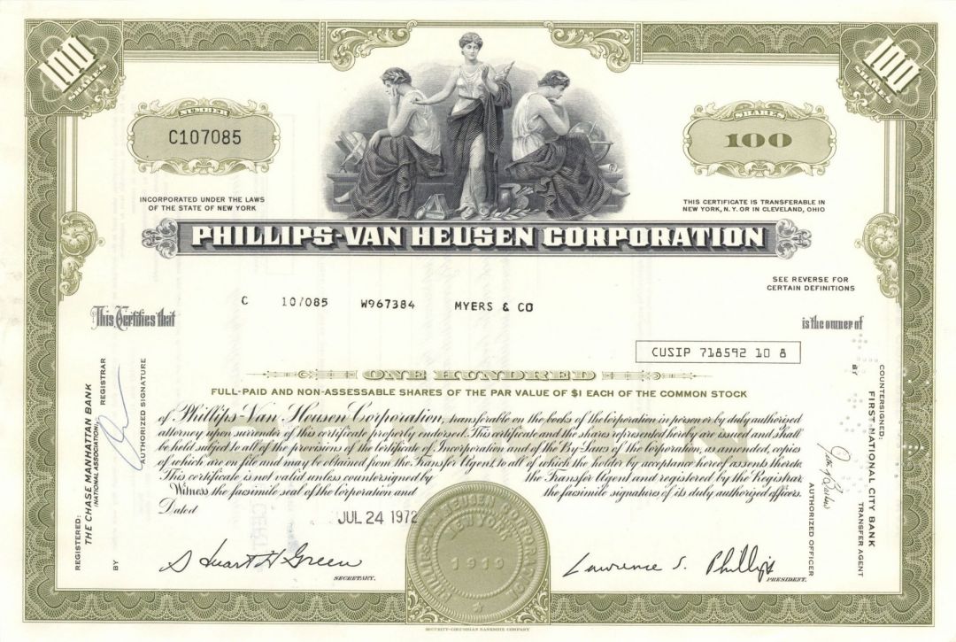 Phillips-Van Heusen Corp. - 1960's-70's dated Clothing Co. Stock Certificate - Still in Business