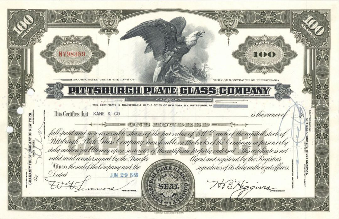 Pittsburgh Plate Glass Co. - Stock Certificate