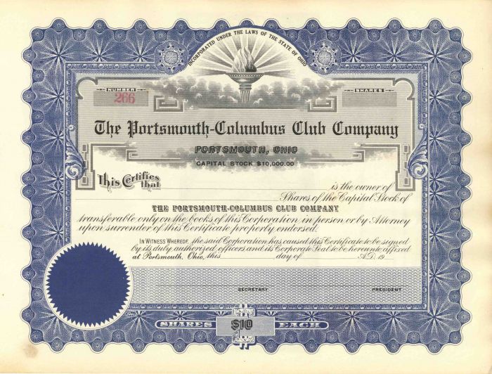 Portsmouth-Columbus Club Co - Unissued Stock Certificate