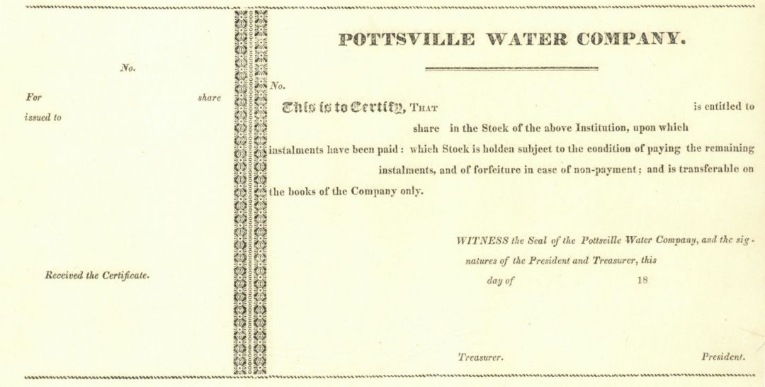 Pottsville Water Co. - 1830's to 1850's dated Unissued Pennsylvania Utility Co. Stock Certificate