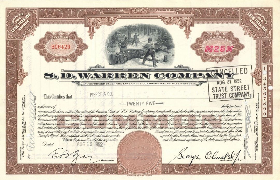 S. D. Warren Co. - Stock Certificate