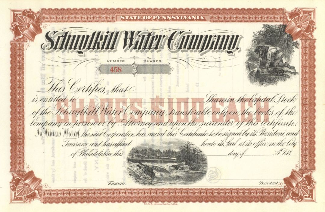 Schuylkill Water Co. of Pennsylvania - circa 1880's-90's Indian Vignette Stock Certificate