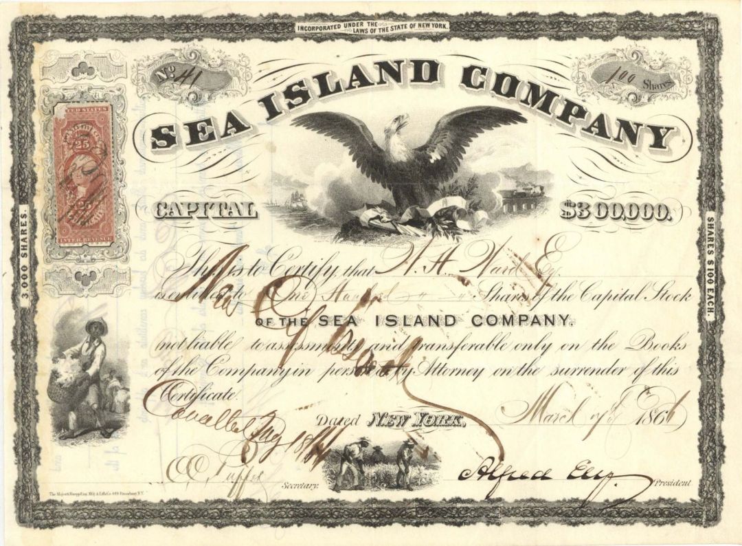 Sea Island Co. - Cotton History - Gorgeous 1860 dated South Carolina, Georgia, & Florida Stock Certificate - Great History!