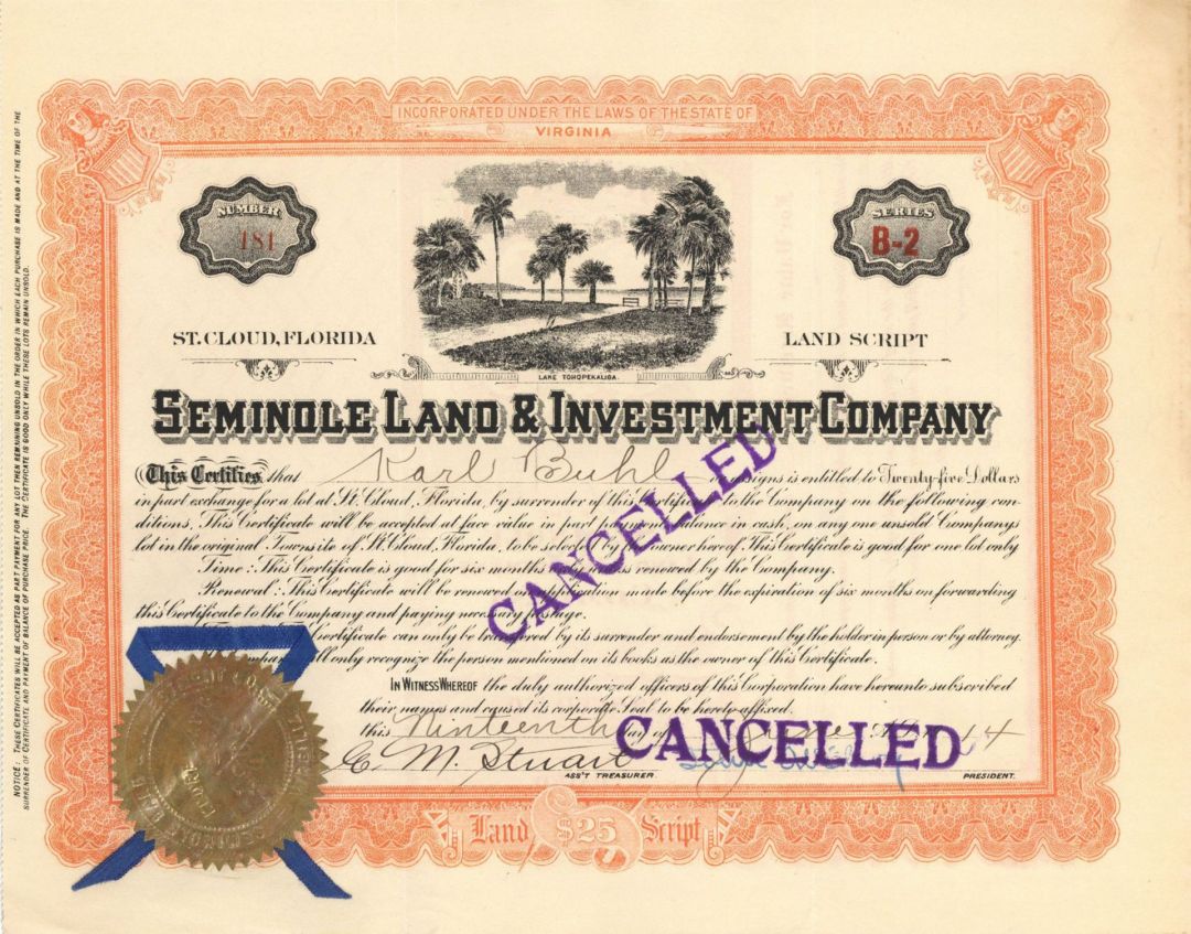 Seminole Land and Investment Co. - 1909-14 dated Investment Stock Certificate - Important Florida History
