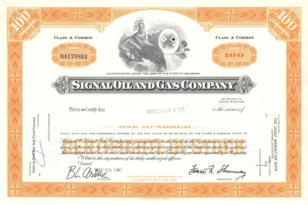Signal Oil and Gas Co - 1960's dated Stock Certificate - AlliedSignal and Honeywell
