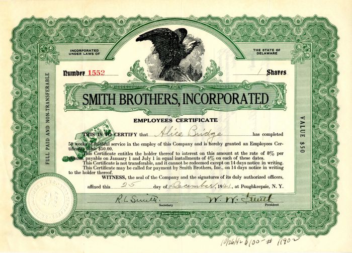 Smith Brothers, Inc. signed by Gradsons of the Inventors - Cough Drops Co. Stock Certificate
