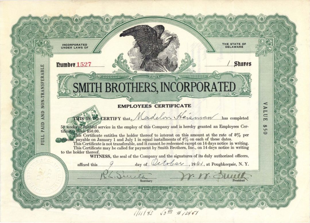 Smith Brothers, Inc. signed by Gradsons of the Inventors - Cough Drops Co. Stock Certificate