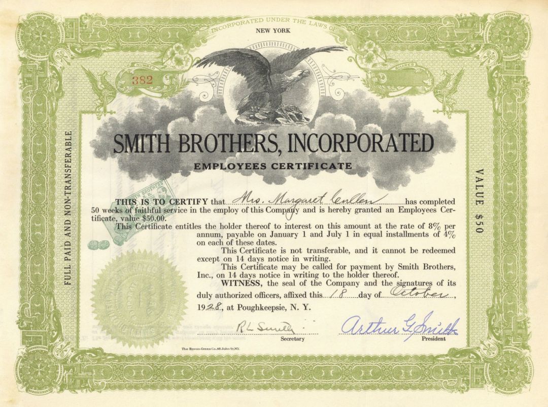 Smith Brothers, Inc. - Cough Drop Makers Stock Certificate - Signed by 2 Smith Brothers