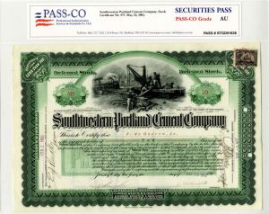Southwestern Portland Cement Co. - Gorgeous Vignette - 1902 dated Stock Certificate with Pass-co Authentication