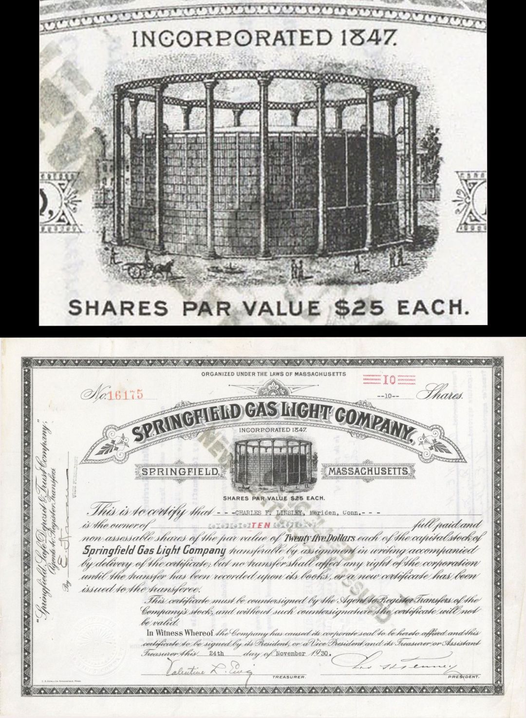 Springfield Gas Light Co. - 1920's-1930's dated Massachusetts Utility Stock Certificate
