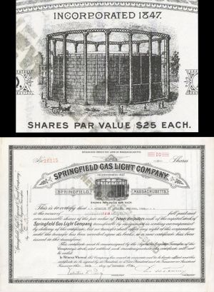 Springfield Gas Light Co. - 1920's-1930's dated Massachusetts Utility Stock Certificate