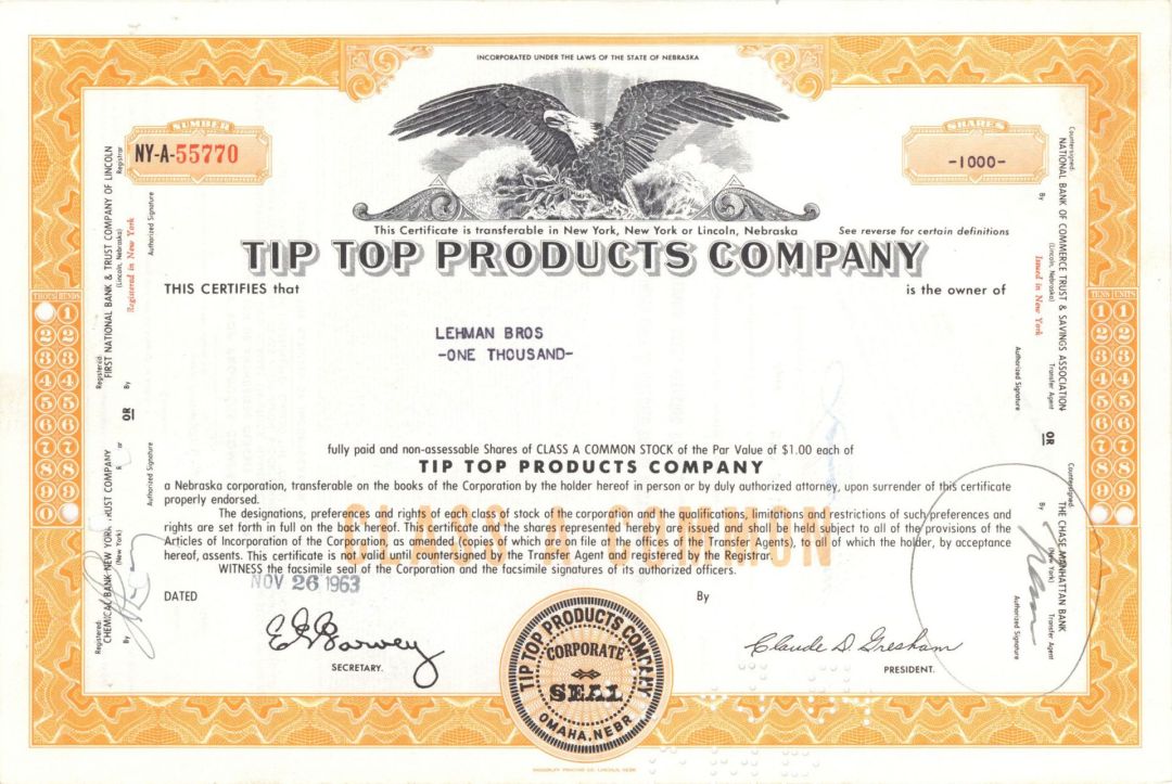 Tip Top Products Co. Issued to Lehman Bros - 1963 dated Stock Certificate