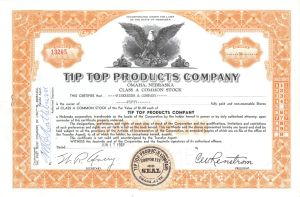 Tip Top Products Co. Issued to Pinkerton and Co. - 1961-1963 dated Stock Certificate