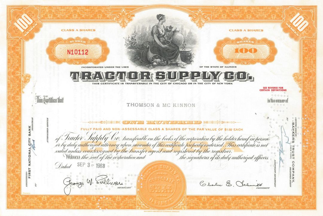 Tractor Supply Co. - 1960's dated Famous Retail Chain Stock Certificate