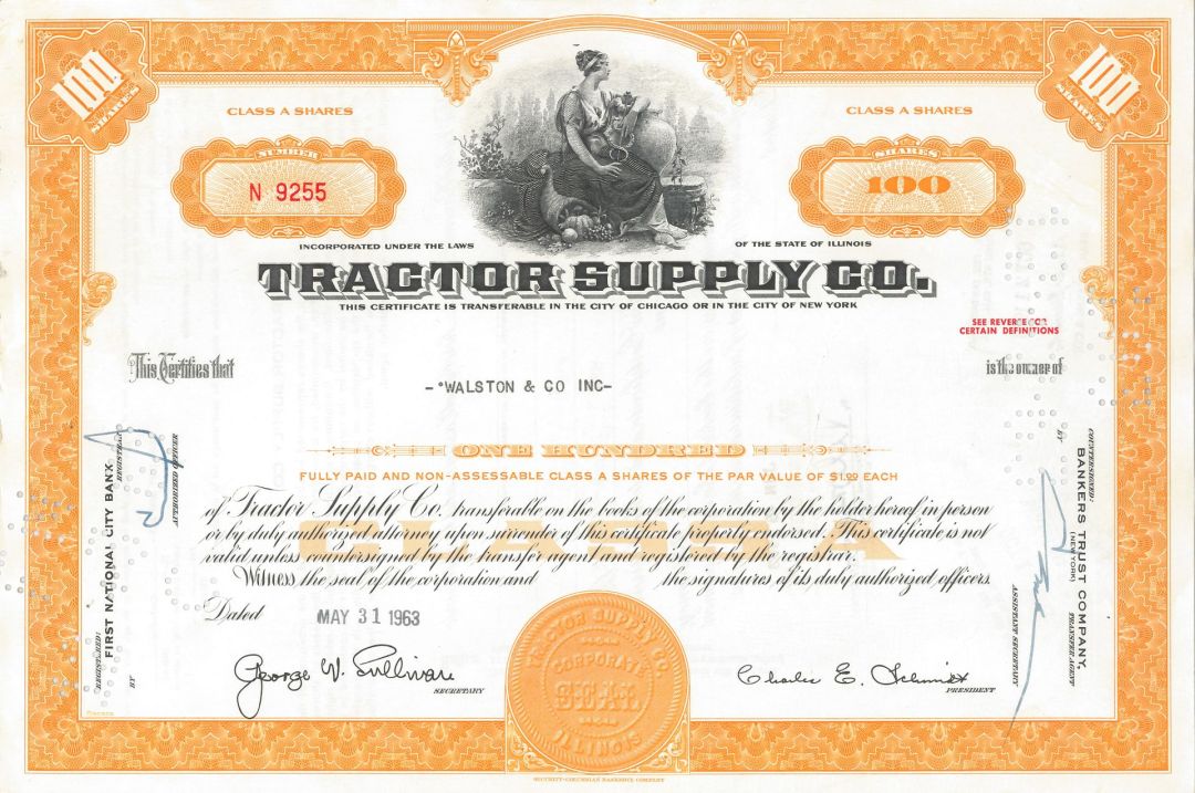 Tractor Supply Co. - dated 1960's Famous Retail Chain Stock Certificate