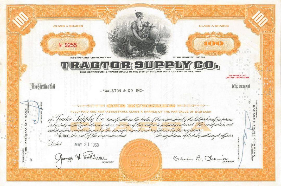 Tractor Supply Co. - 1960's dated Famous Retail Chain Stock Certificate