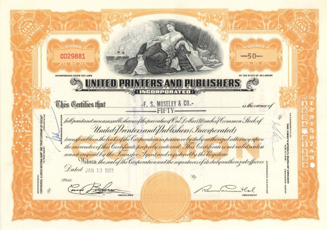 United Printers and Publishers, Inc. - 1940's-60's dated Stock Certificate - Also Known as the Rust Craft Greeting Card Company