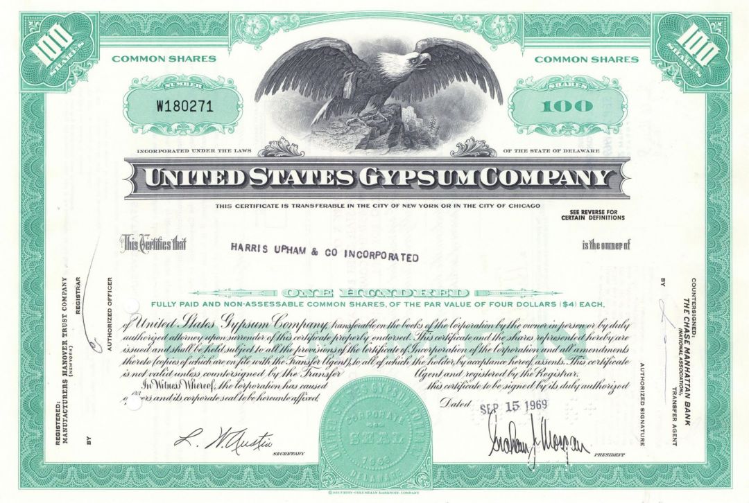 United States Gypsum Co. - 1960's dated Construction Materials Stock Certificate